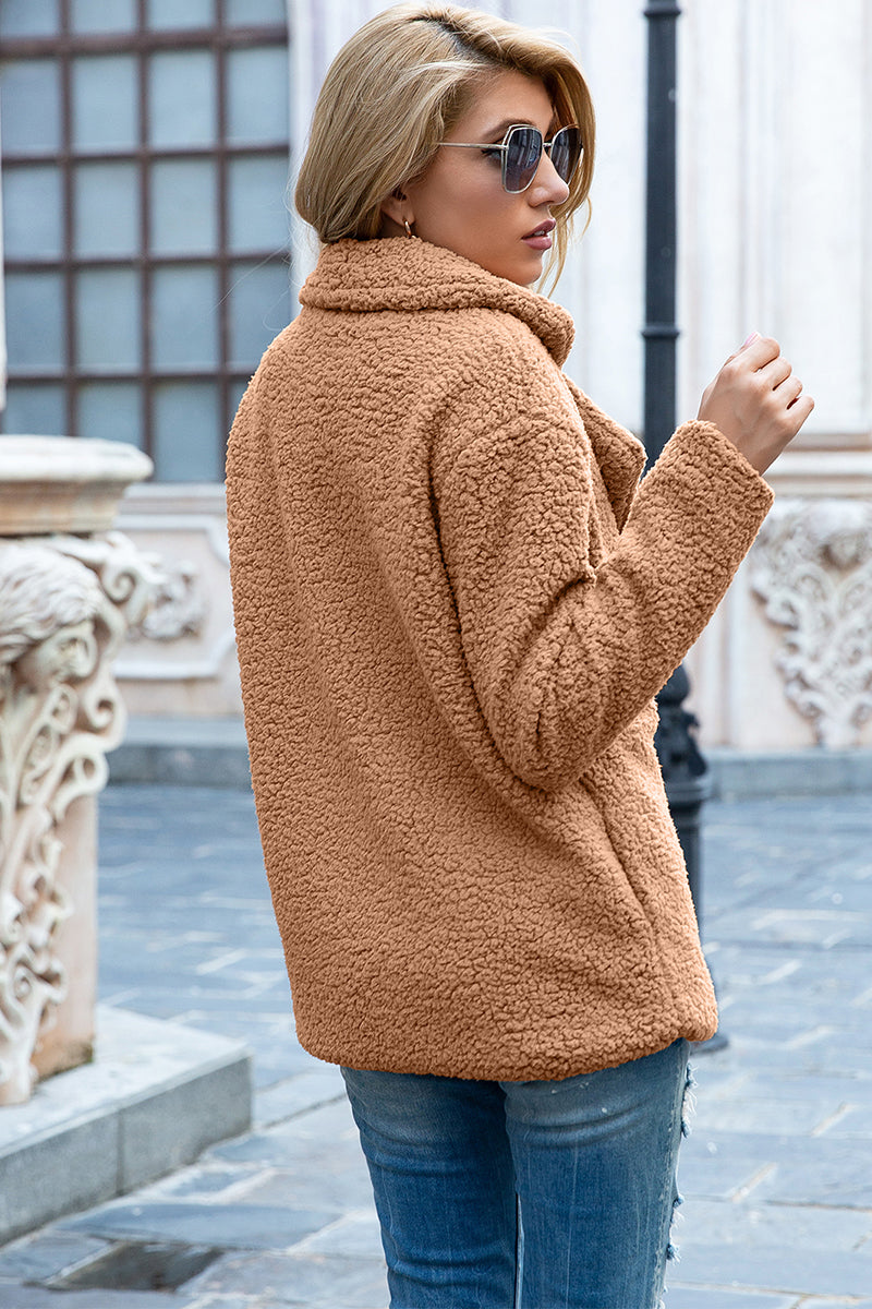 Sherpa lapel collar coat in tan, full size, long sleeves, button-front