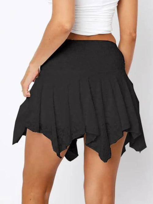 Black asymmetric hem mini skirt with gathered pleats and scalloped ruffle edges