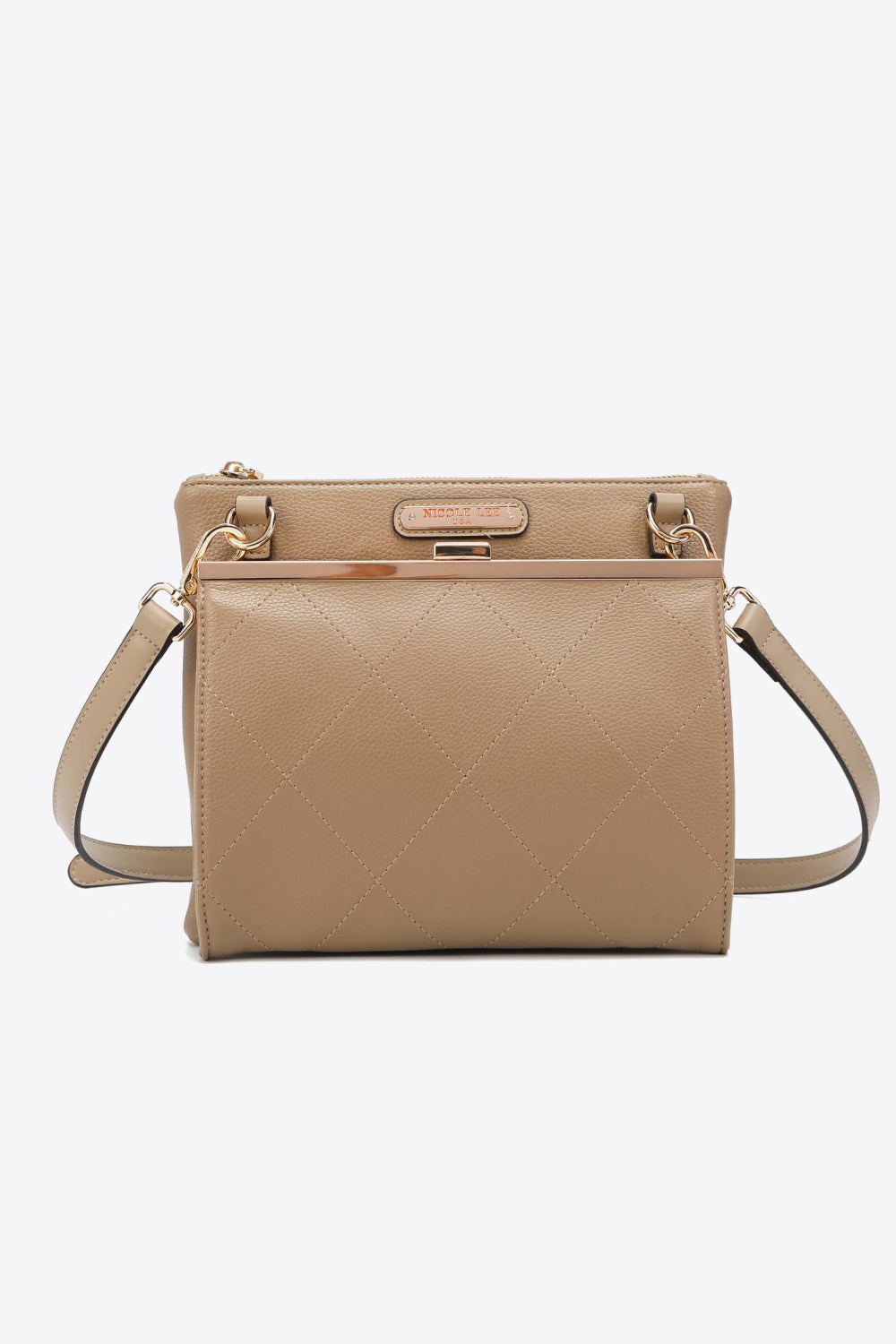 Taupe-beige quilted handbag with gold-tone hardware and crossbody strap