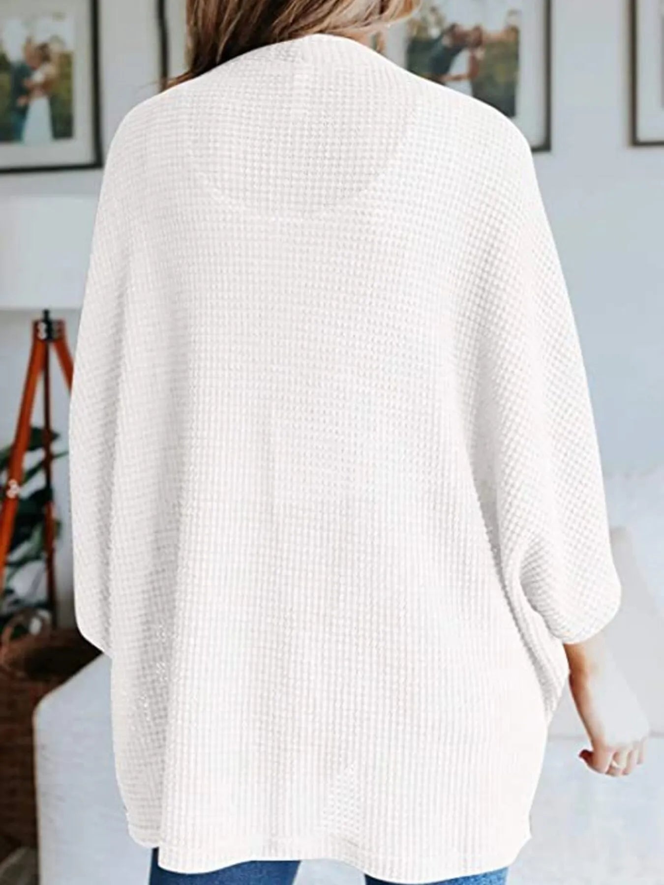 Waffle knit open-front cardigan with batwing sleeves, white back view