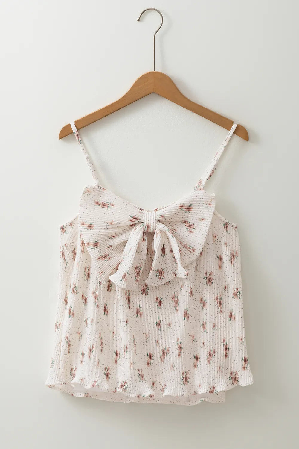 Floral bow-back cami with long tie bow, white with small floral print
