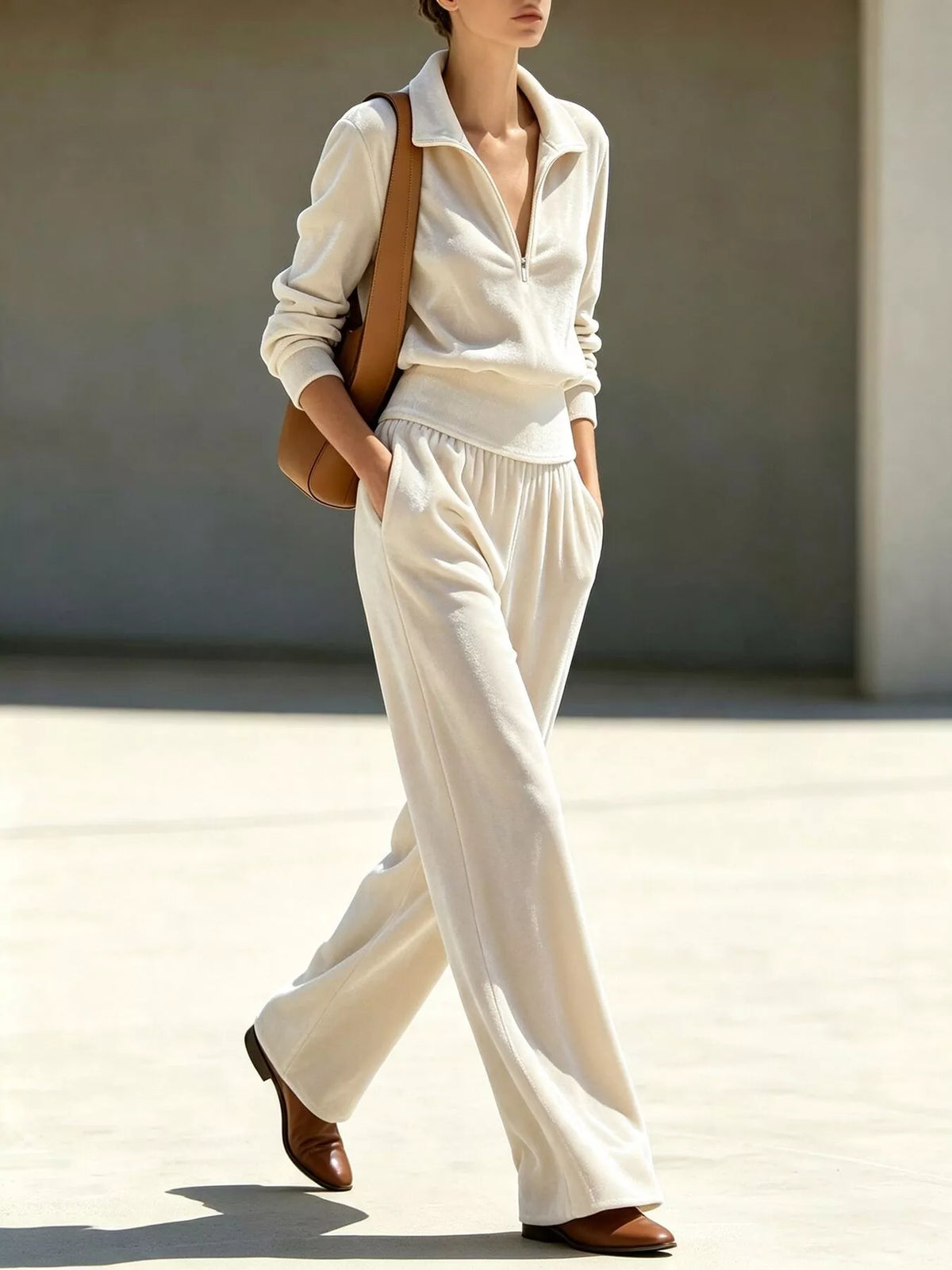 Cream half-zip sweatshirt and wide-leg pants set with drawstring waist