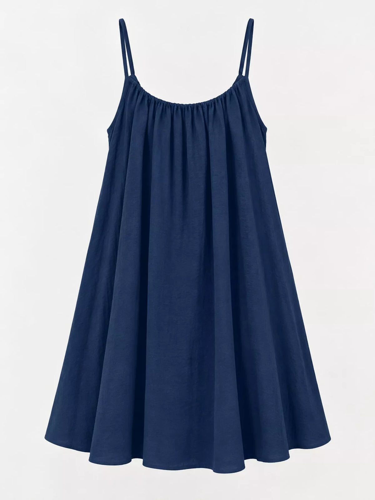 Navy blue spaghetti-strap ruched mini dress with gathered swing skirt
