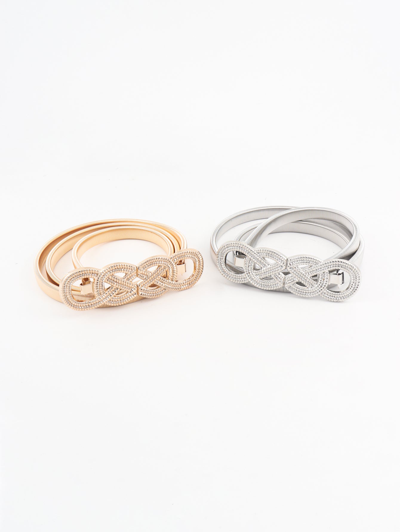 Knot-buckle metal belt with braided strap and oval clasp, gold and silver