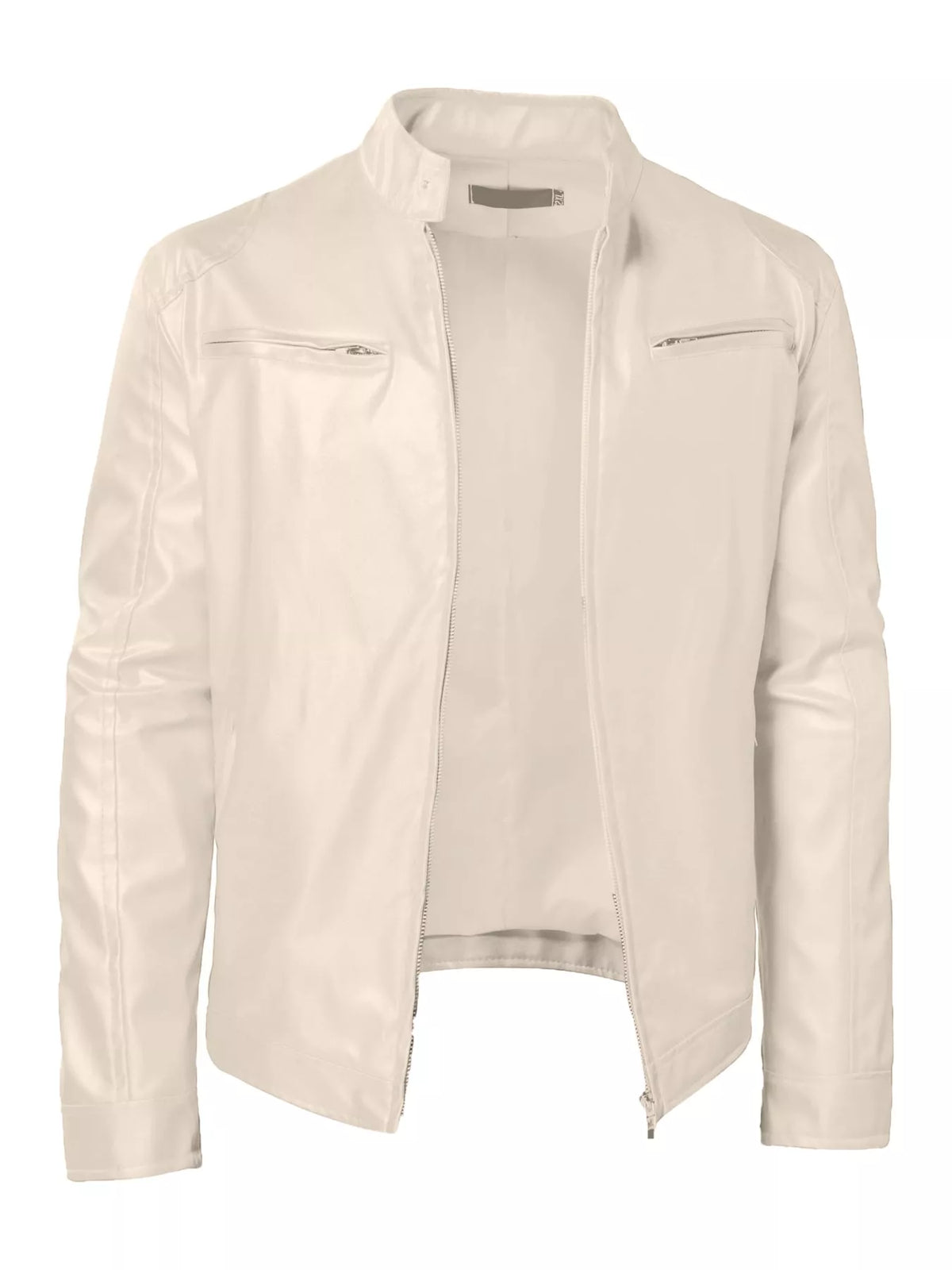 Men's zip-up vegan leather jacket, light cream, stand collar, front zipper, chest pockets