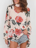 Eggshell floral choker-neck long-sleeve blouse, red and green flower print