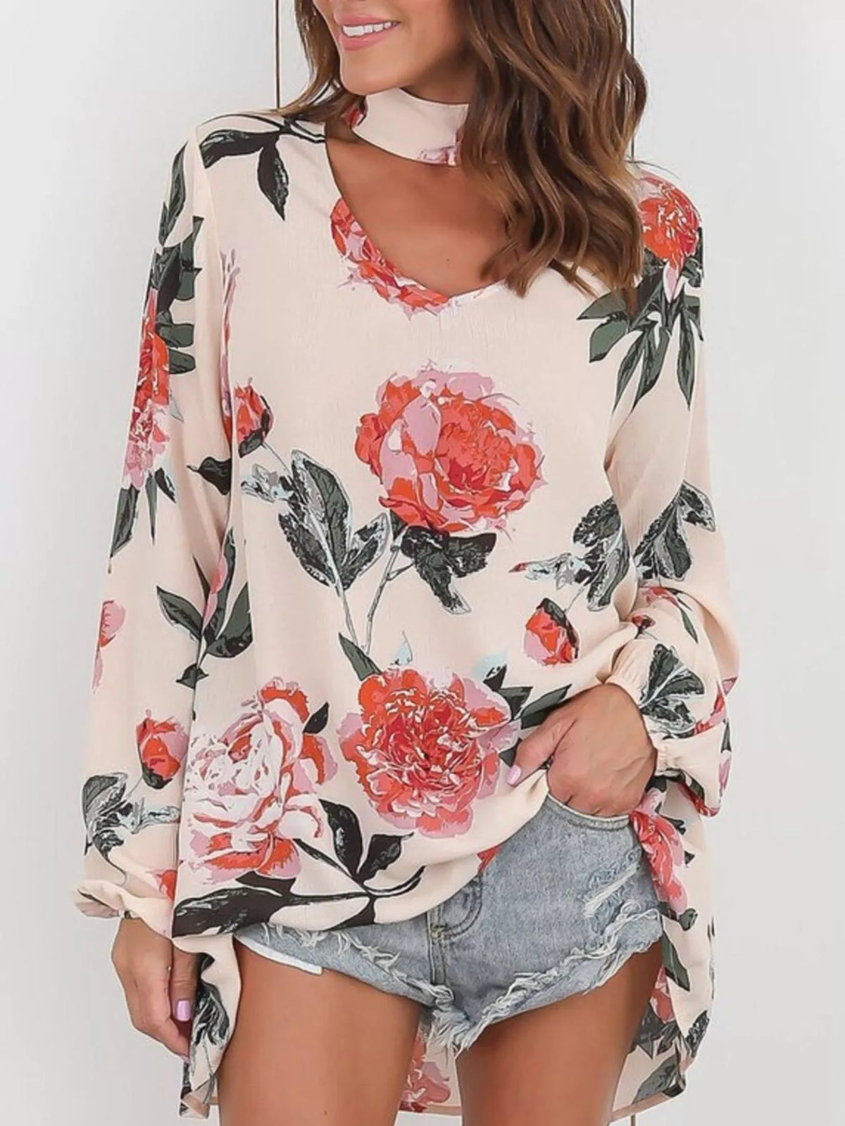 Eggshell floral choker-neck long-sleeve blouse, red and green flower print