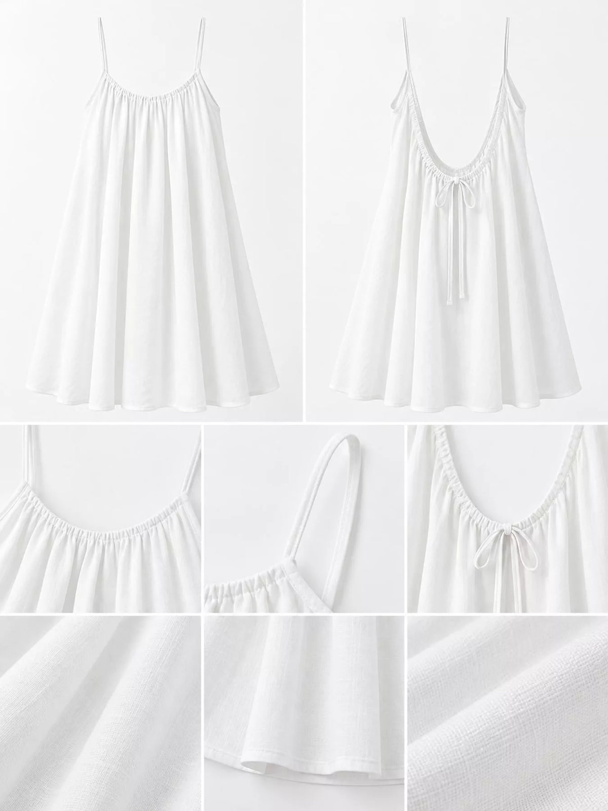 White mini dress with spaghetti straps, gathered skirt, and tie at open back