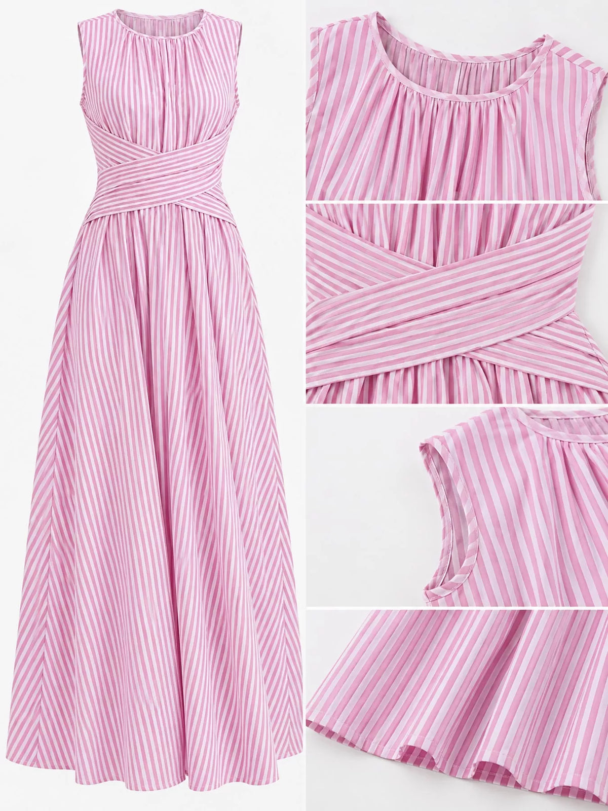 Pink striped sleeveless maxi dress close-up: crisscross waist and gathered neckline