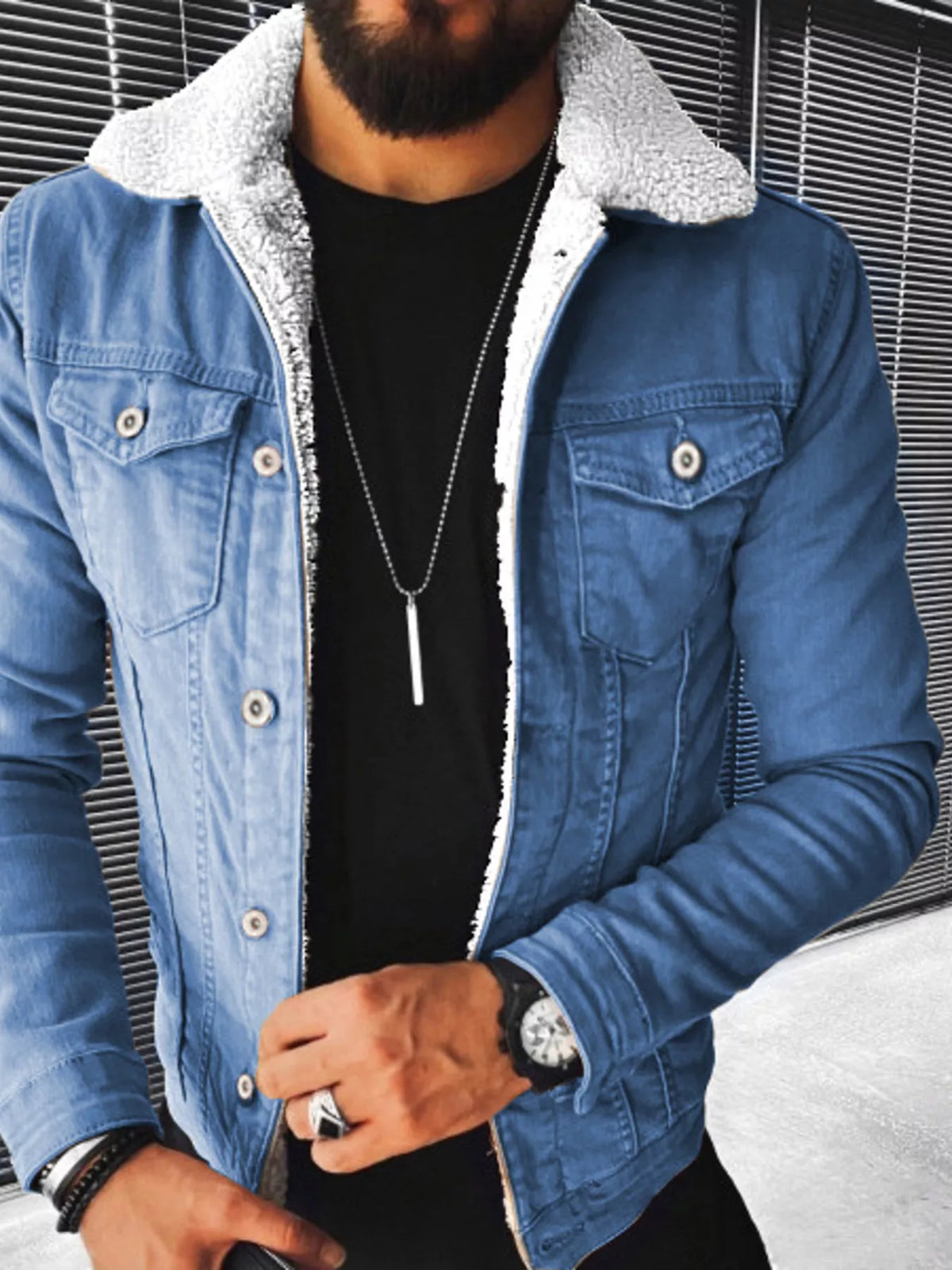 Light blue denim jacket with sherpa-lined collar, button front and chest pockets