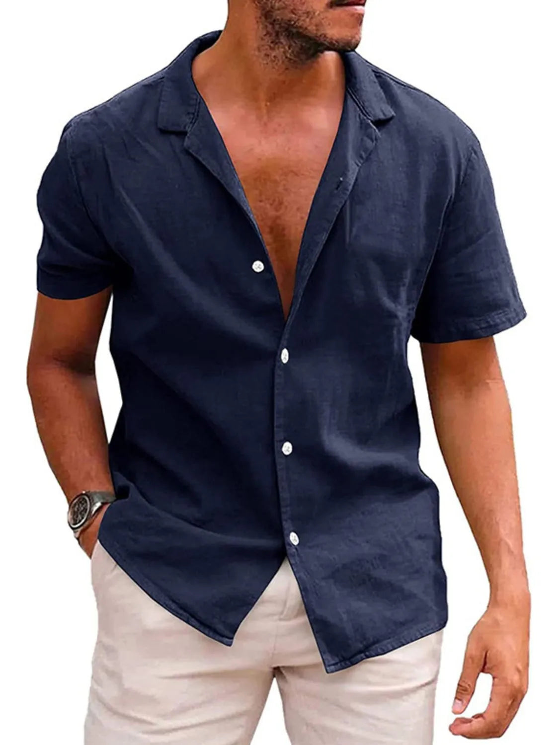 Men's navy short-sleeve button-up shirt with open collar and front buttons
