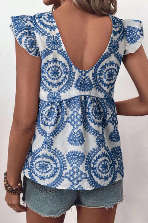 Boho print blouse with open back, ruffled cap sleeves, white with blue medallion print