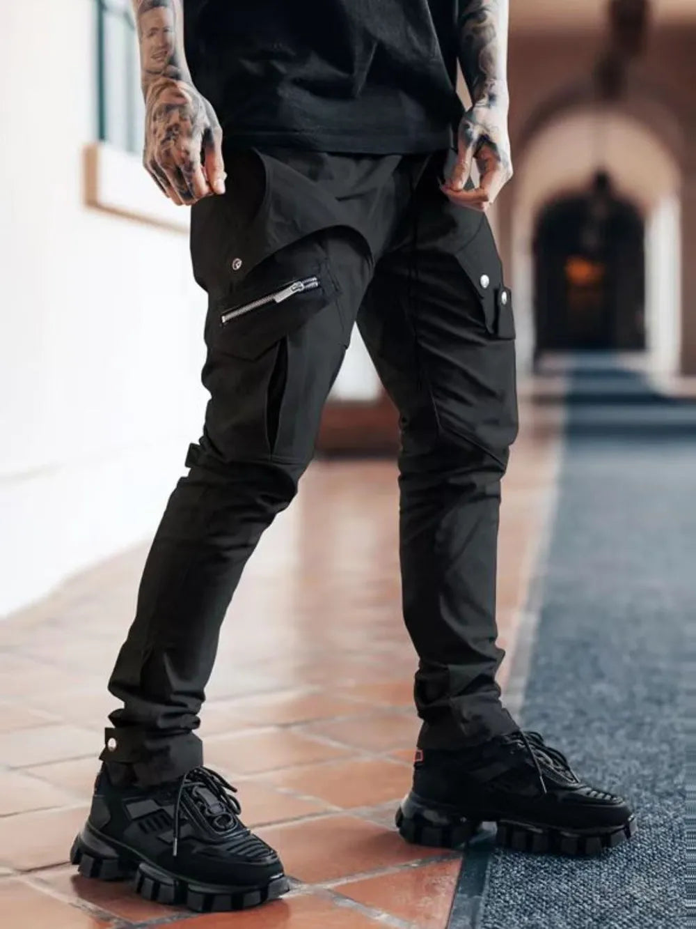 Men's plus size cargo pants in black with side cargo pockets