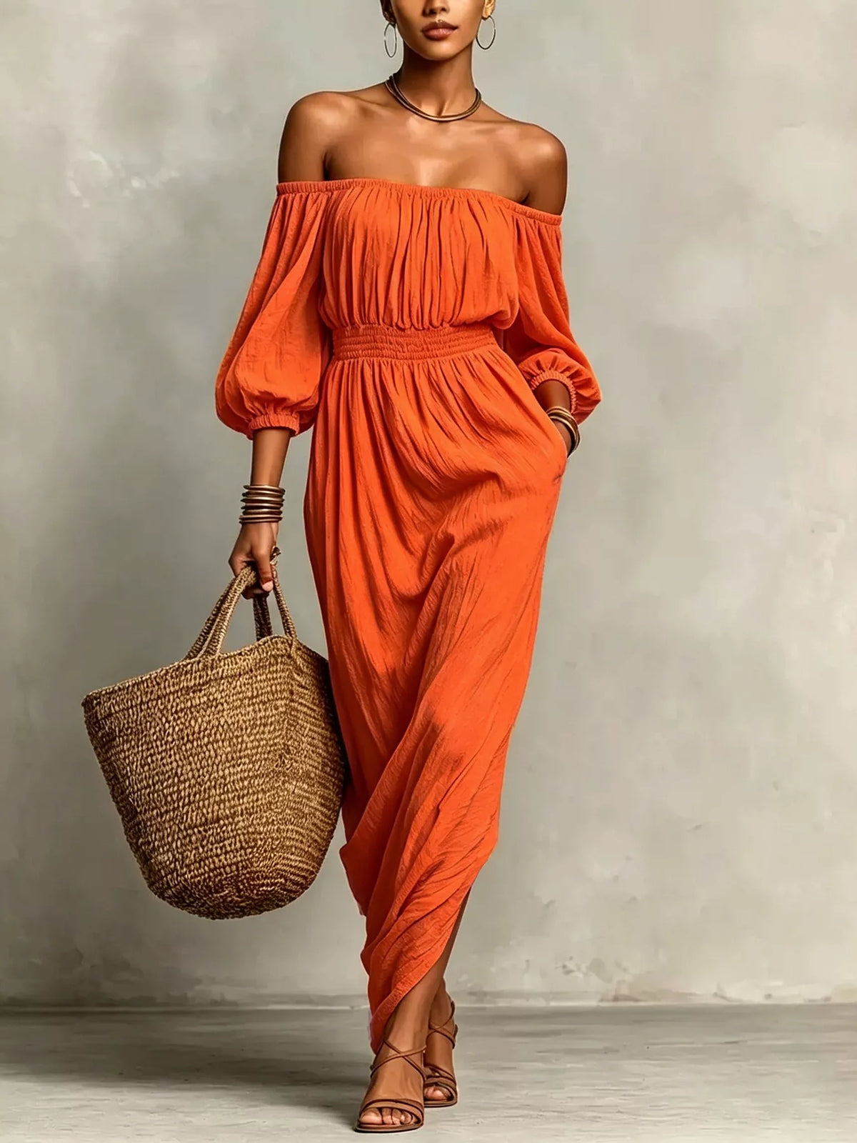 Orange off-shoulder smocked maxi dress with long puff sleeves and gathered bodice