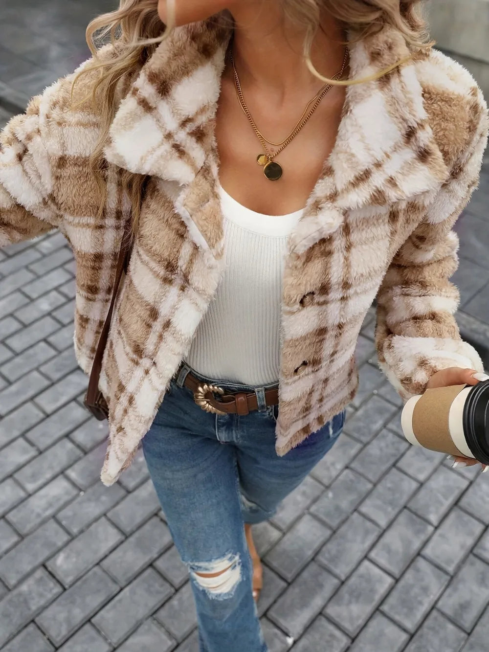 Plaid camel fleece collared jacket, long sleeves, button front and chest pockets
