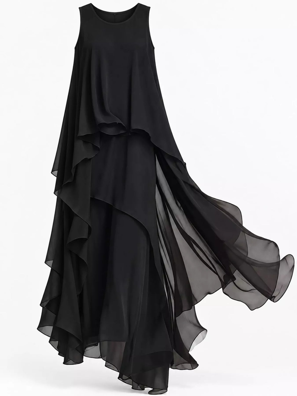 Black sleeveless ruffled maxi dress, full view, tiered chiffon skirt with drape