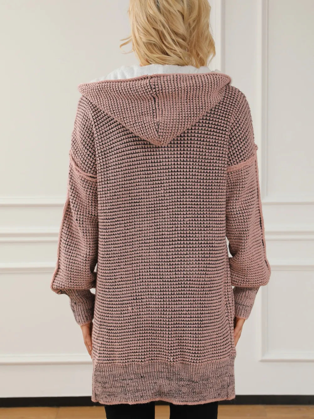 Blush pink open-front hooded winter coat with pockets