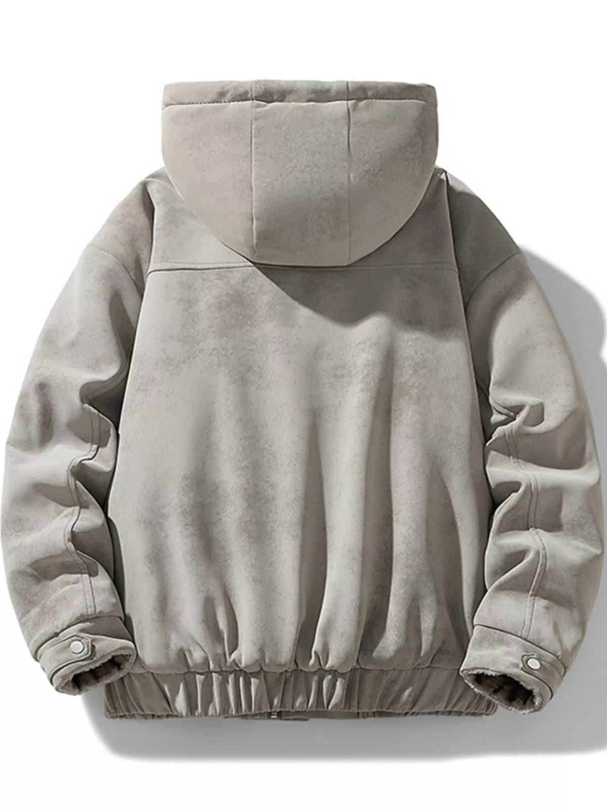 Men's light gray hooded fleece-lined winter jacket back view with ribbed cuffs