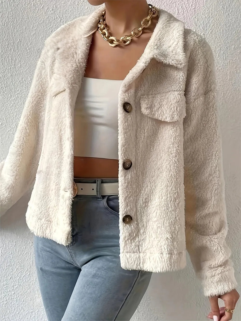 Beige sherpa collared button-up jacket with front button placket