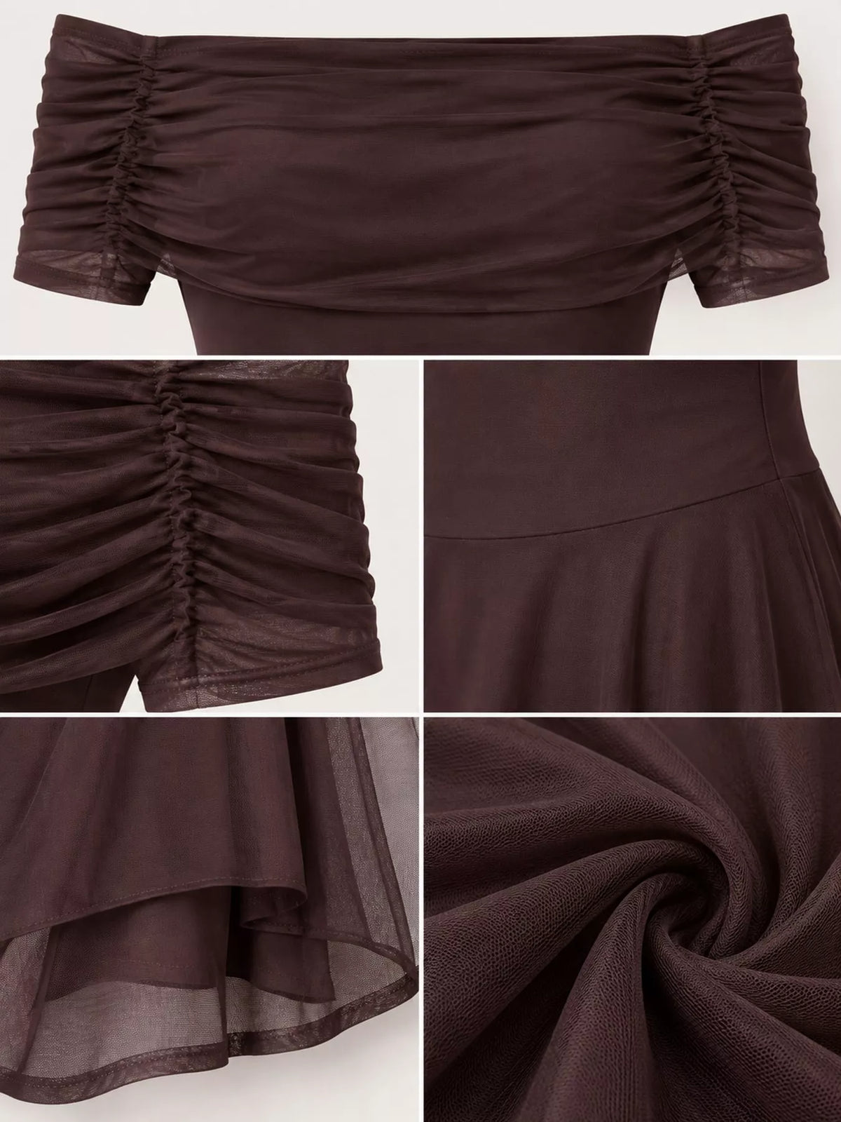 Coffee sheer mesh maxi dress close-up of ruched off-shoulder top and gathered skirt hem
