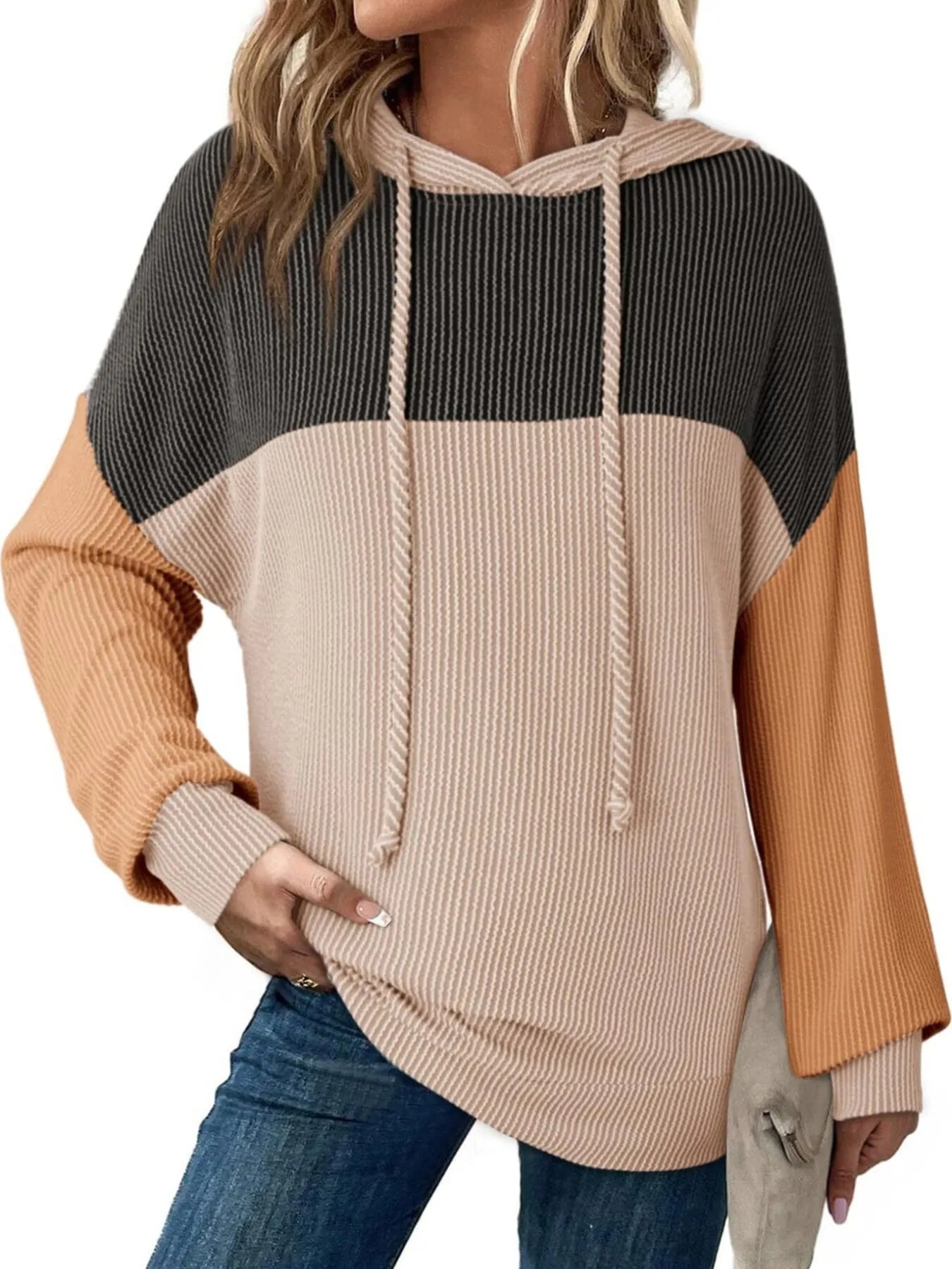 Color-block long-sleeve hoodie with hood and drawstring, dark charcoal, cream, and tan panels