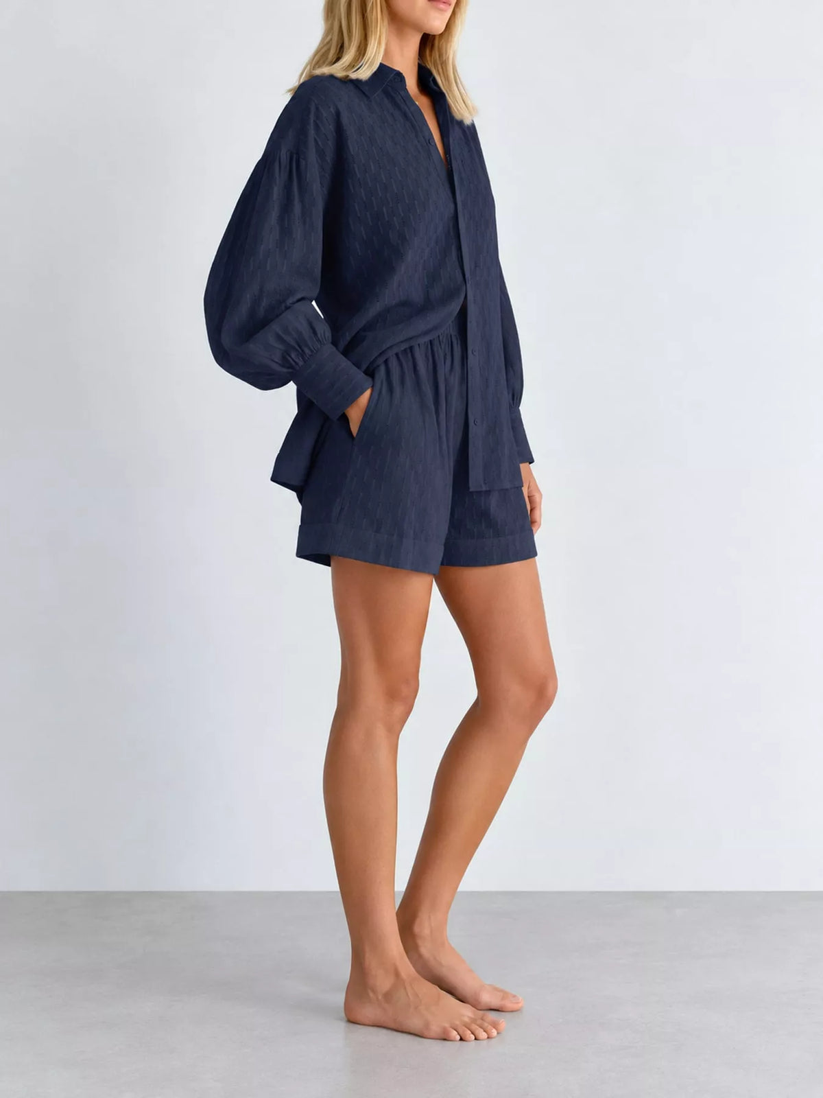 Navy textured button-down shirt and shorts set with long sleeves and loose elastic waist