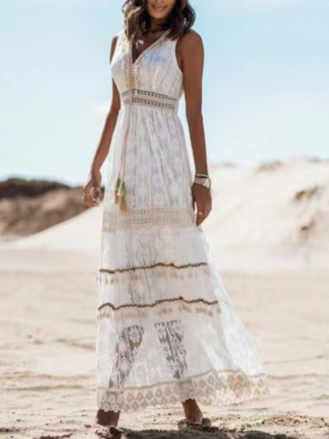 Lace V-Neck Sleeveless Maxi Dress by Trendsi in white with tassel accents