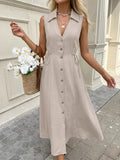 Cedar & Moore Trendsi Sleeveless Button-Down Midi Dress in taupe with front buttons and waist ties