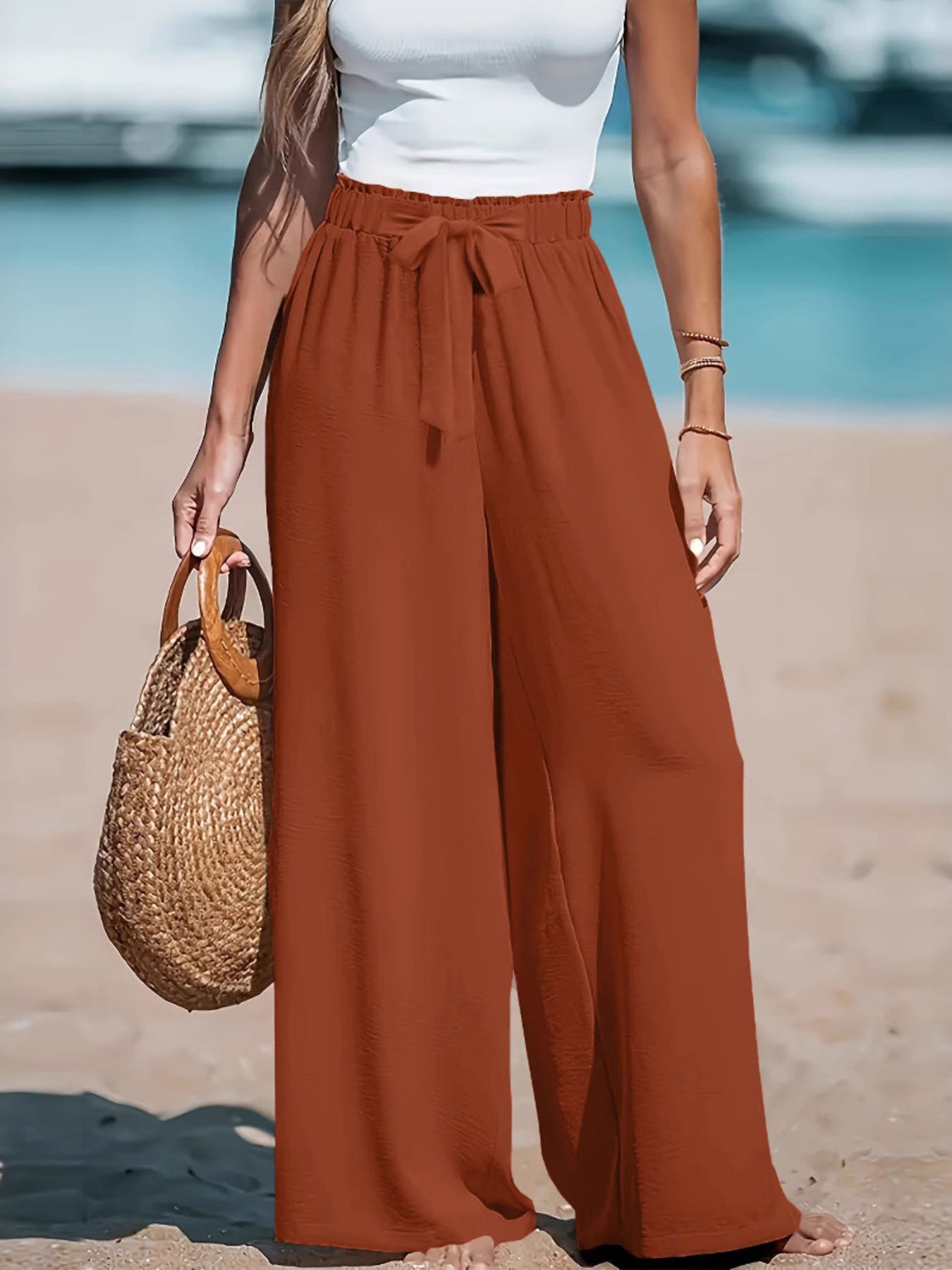 Wide-leg drawstring waist pants, terracotta