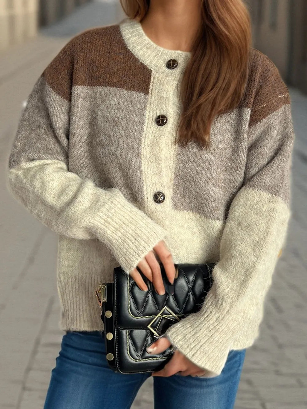 Color block round neck button-up cardigan, brown, gray, and cream knit with buttons