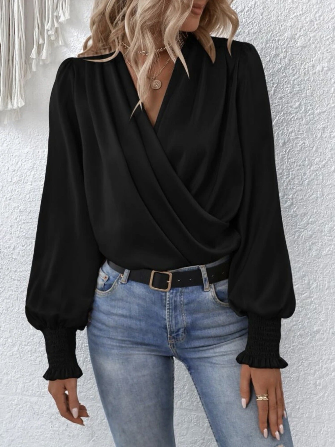 Ruched Surplice Long Sleeve Blouse, black wrap-front drape with puff sleeves