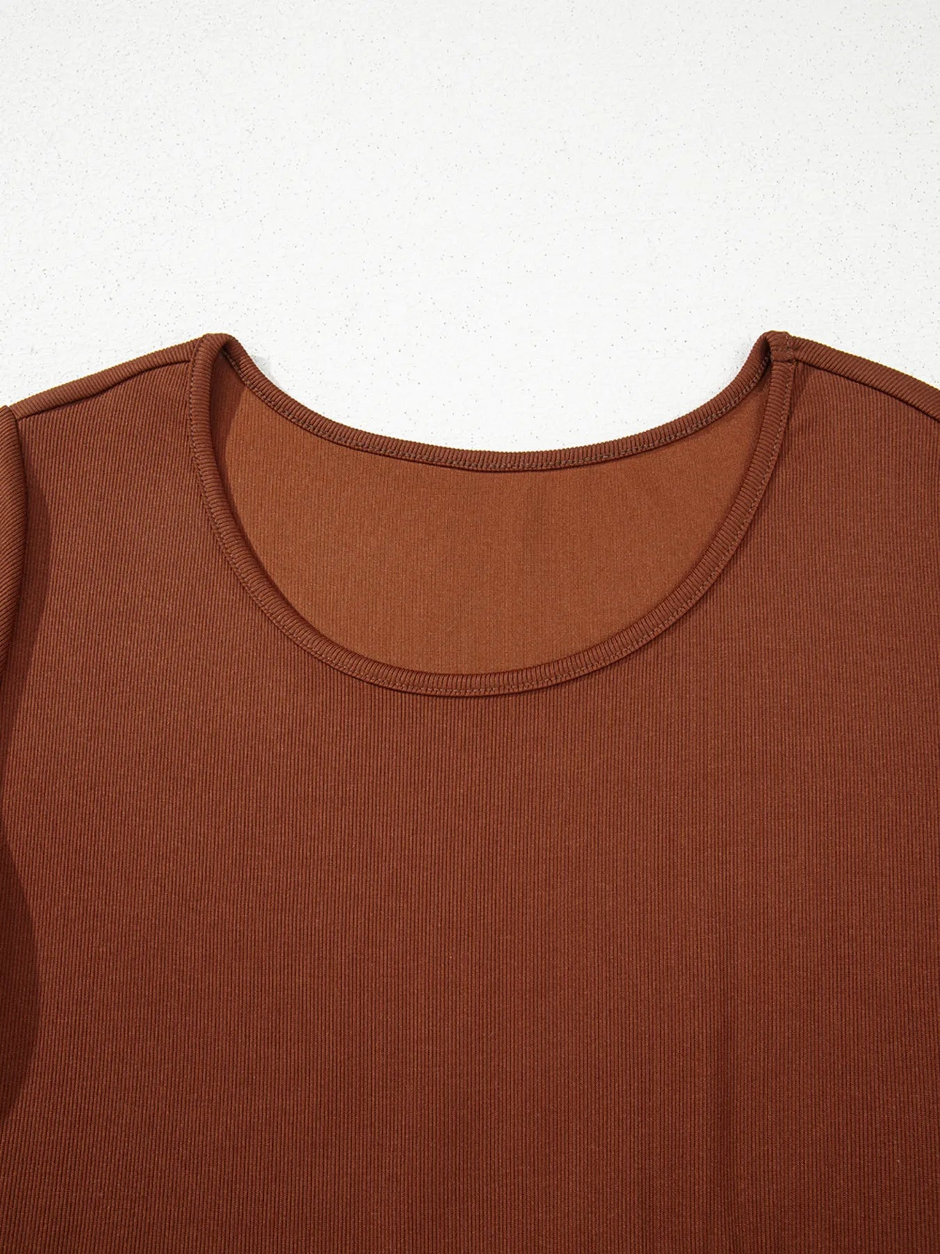 Frill Tiered Long Sleeve Mini Dress in rust-brown rib-knit with scoop neckline