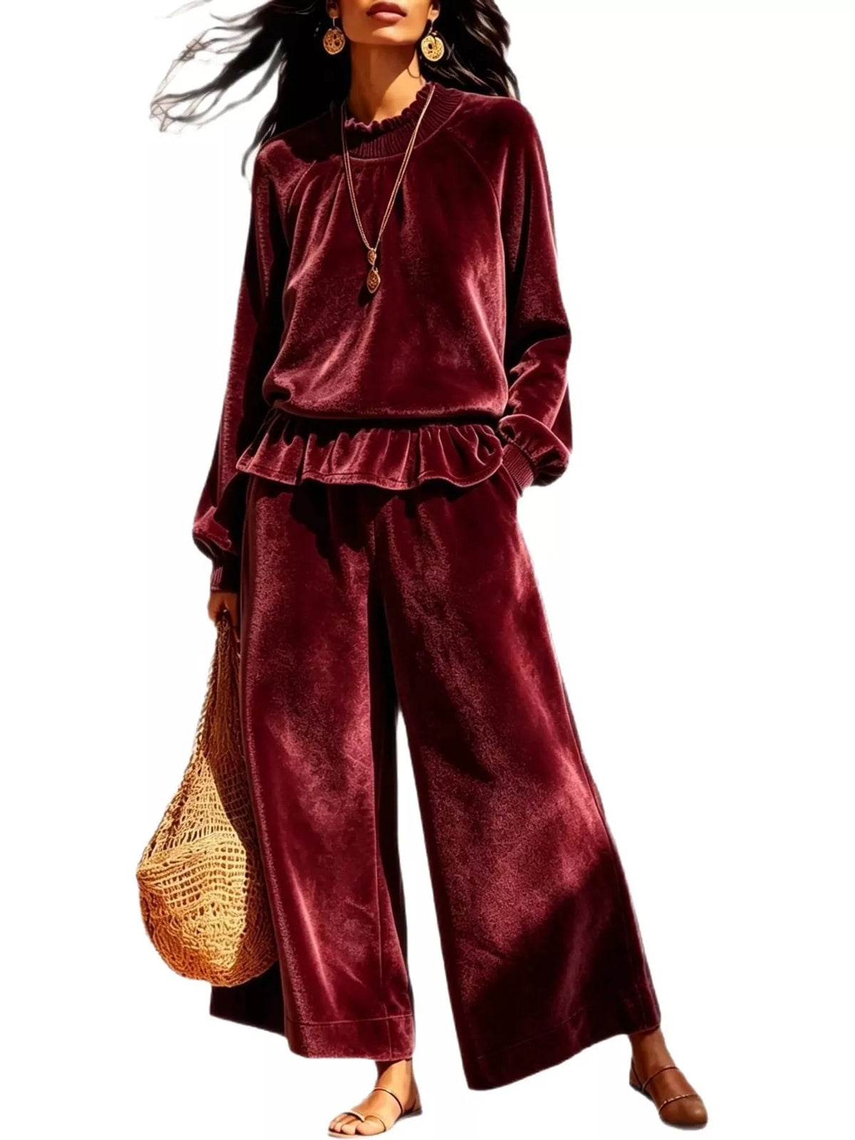 Burgundy velvet ruffled peplum top and wide-leg pants set, long sleeves