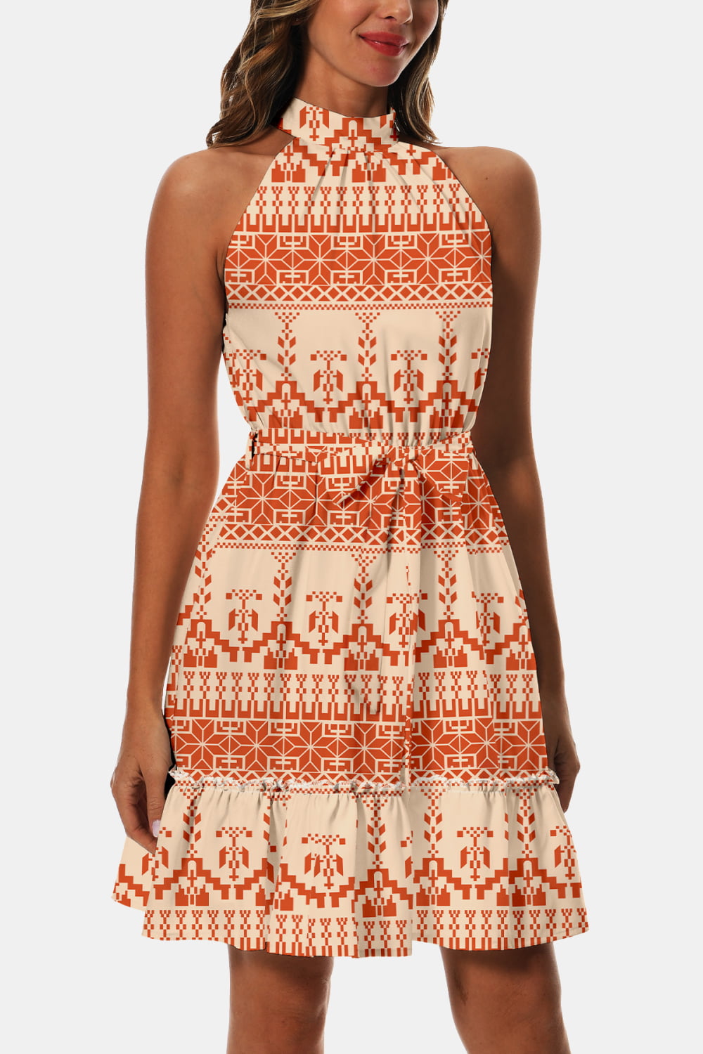 Tangerine and white printed halter tie-waist frill-trim dress, tiered skirt