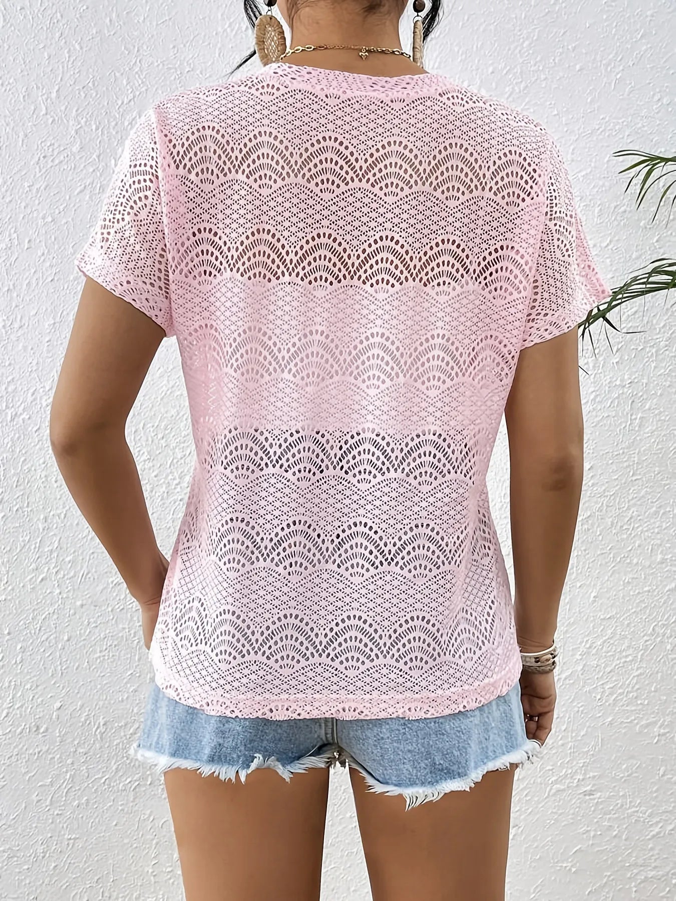 Cedar & Moore Crochet Lace V-Neck Summer Top in pink; sheer openwork lace