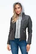 Charcoal faux-layered jacket with fuzzy hood, front double zippers, and long sleeves.