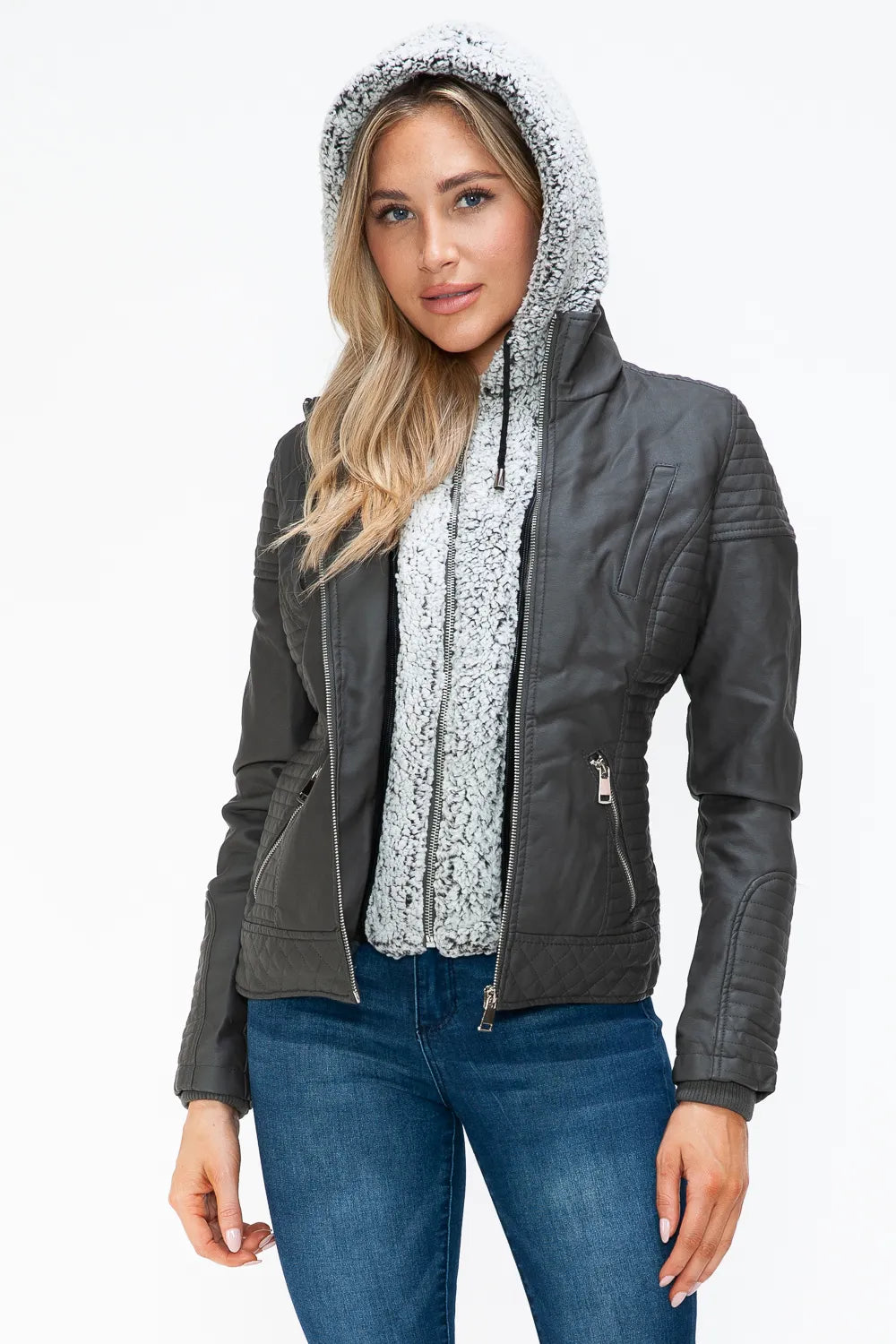 Charcoal faux-layered jacket with fuzzy hood, front double zippers, and long sleeves.