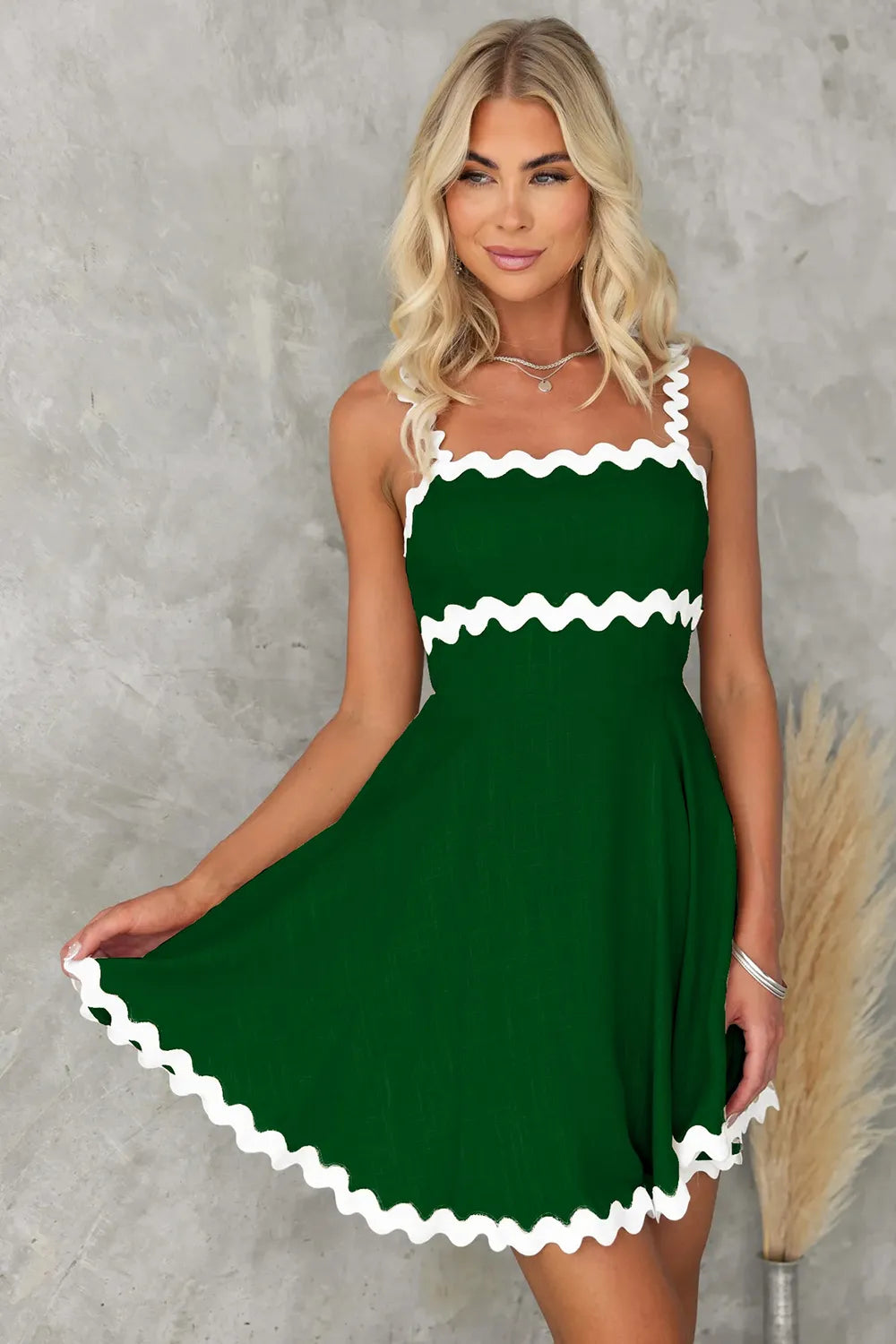 Contrast Trim Square Neck Mini Dress in green with white wavy trim, sleeveless