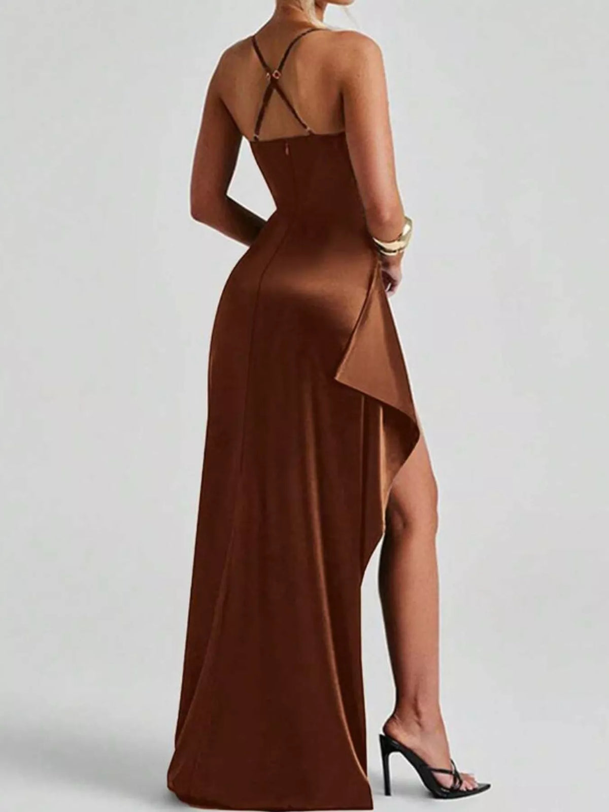 Dark brown satin maxi dress with ruched bodice, crisscross back, high side slit