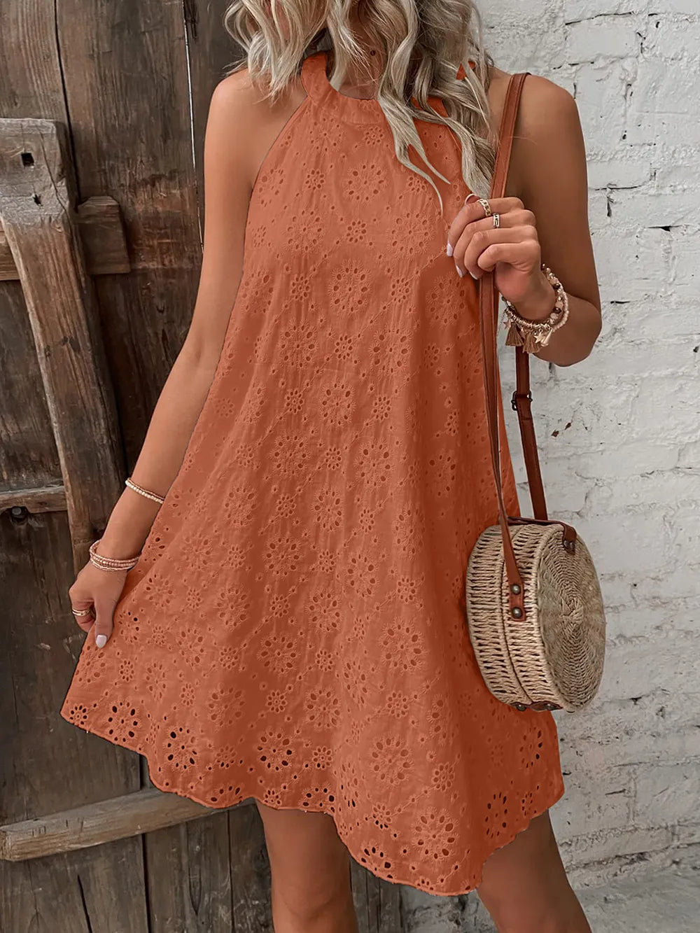 Caramel eyelet mini dress, sleeveless with Grecian neckline and flared skirt