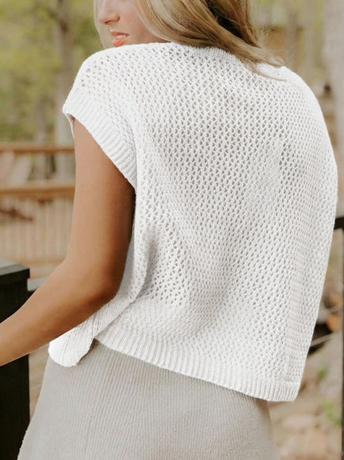 Knitted short sleeve sweater, white, plain knit texture with crew neckline
