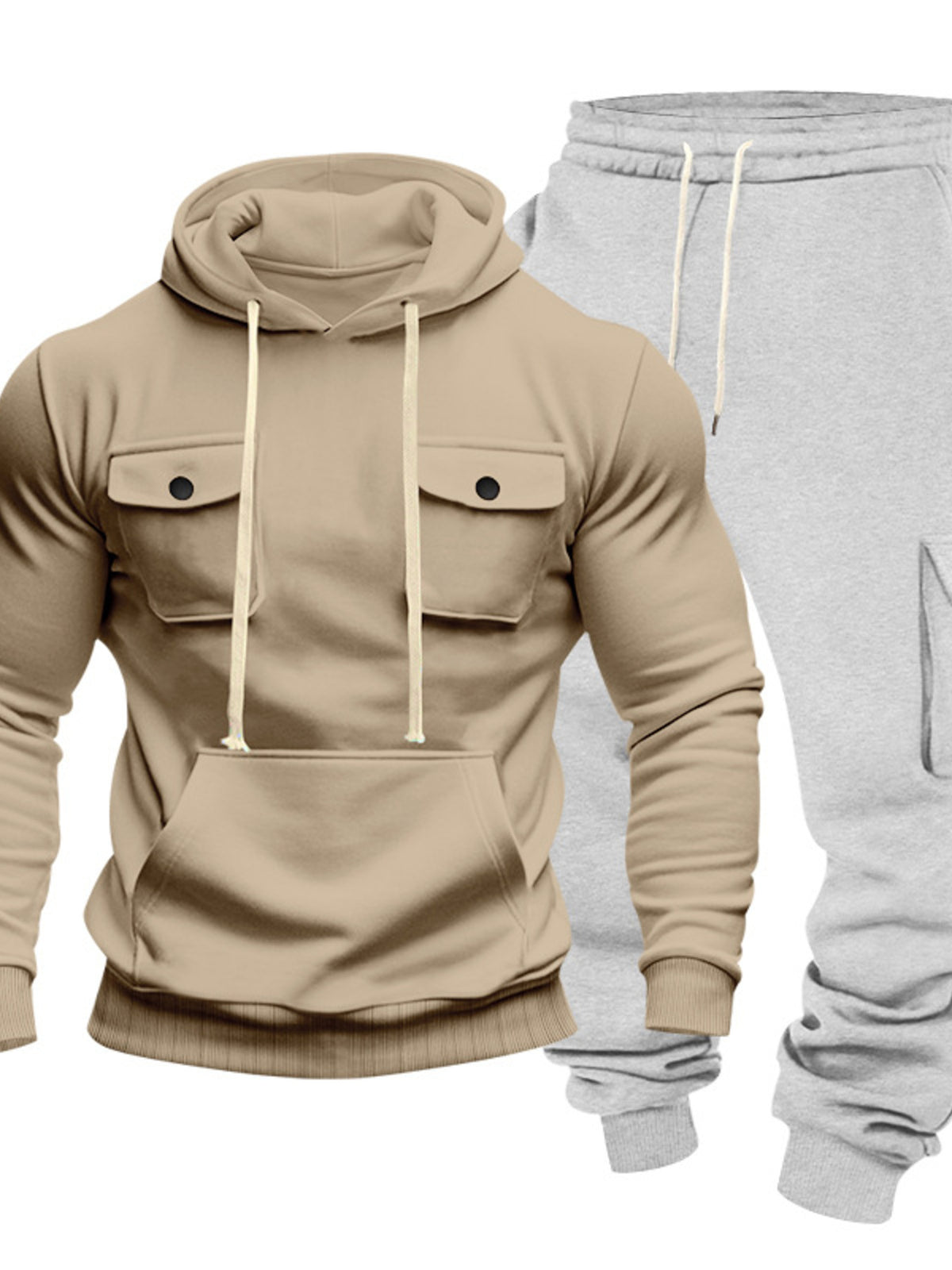 Tan kangaroo hoodie and gray cargo sweatpants set, pullover with drawstring