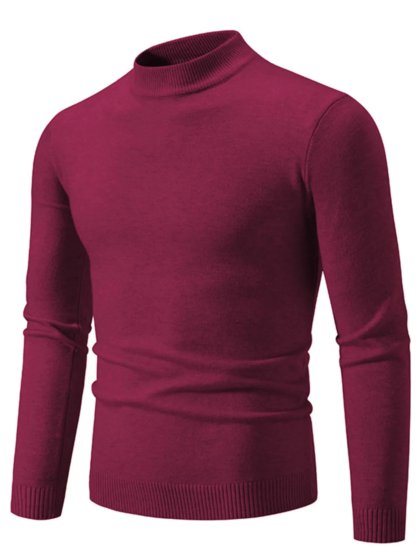 Mock-neck long-sleeve sweater with ribbed hem, wine red