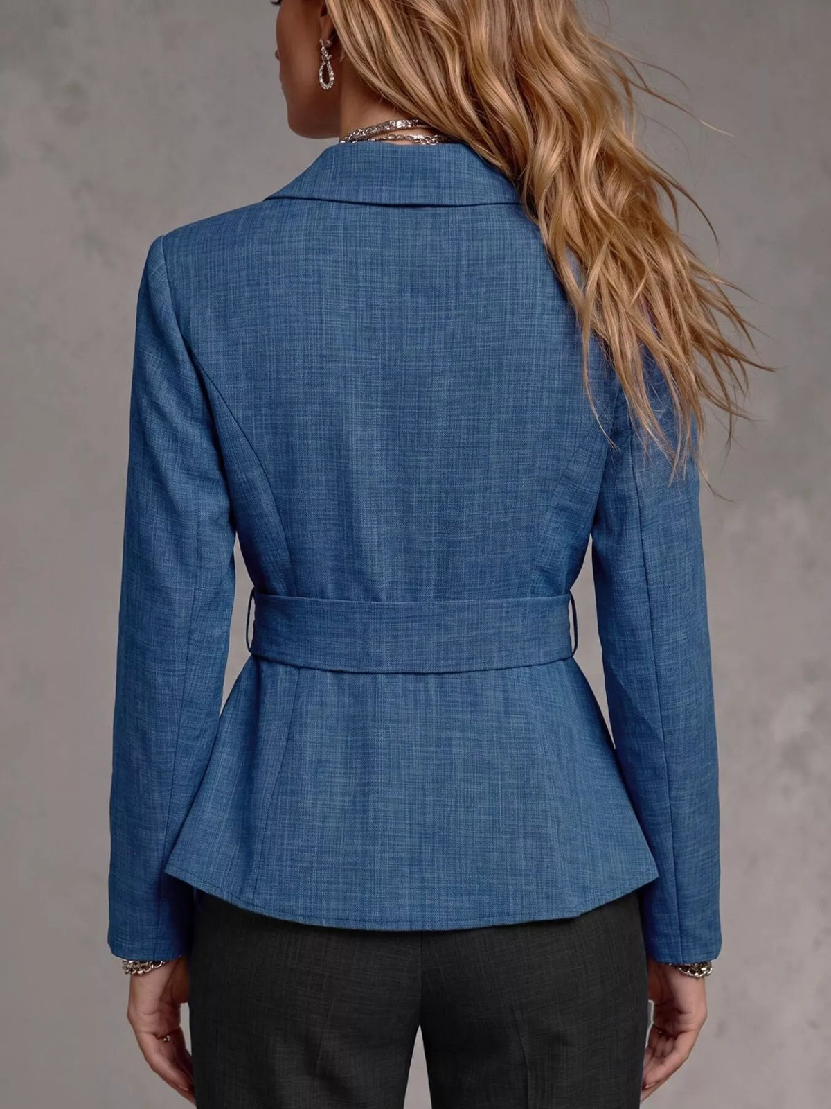 Blue slim-fit blazer, back view with waist tie belt and long sleeves