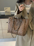 Brown quilted medium vegan leather shoulder bag with chain strap and top handles