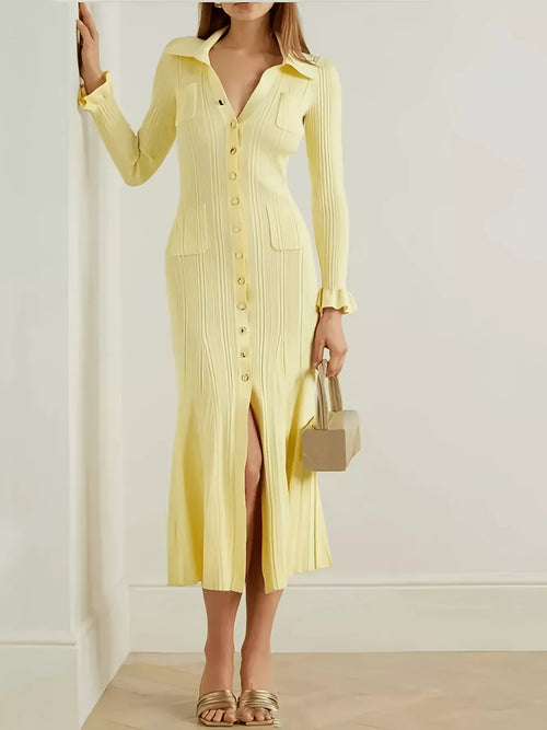 Pastel yellow button-down knit sweater dress with collar, front buttons, and flounce cuffs