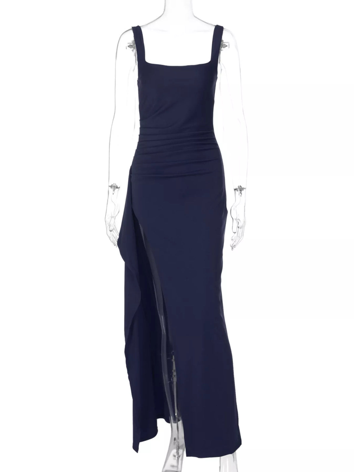 Dark navy ruched square-neck maxi dress with spaghetti straps and side slit
