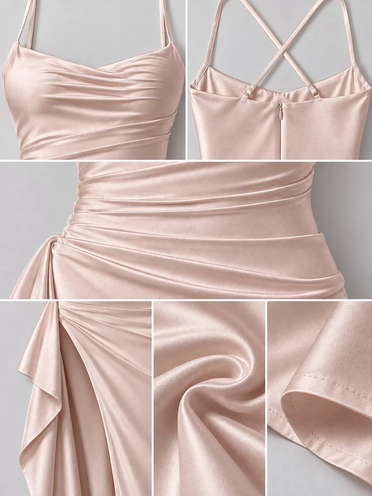 Pink satin ruched maxi dress with spaghetti straps and high side slit