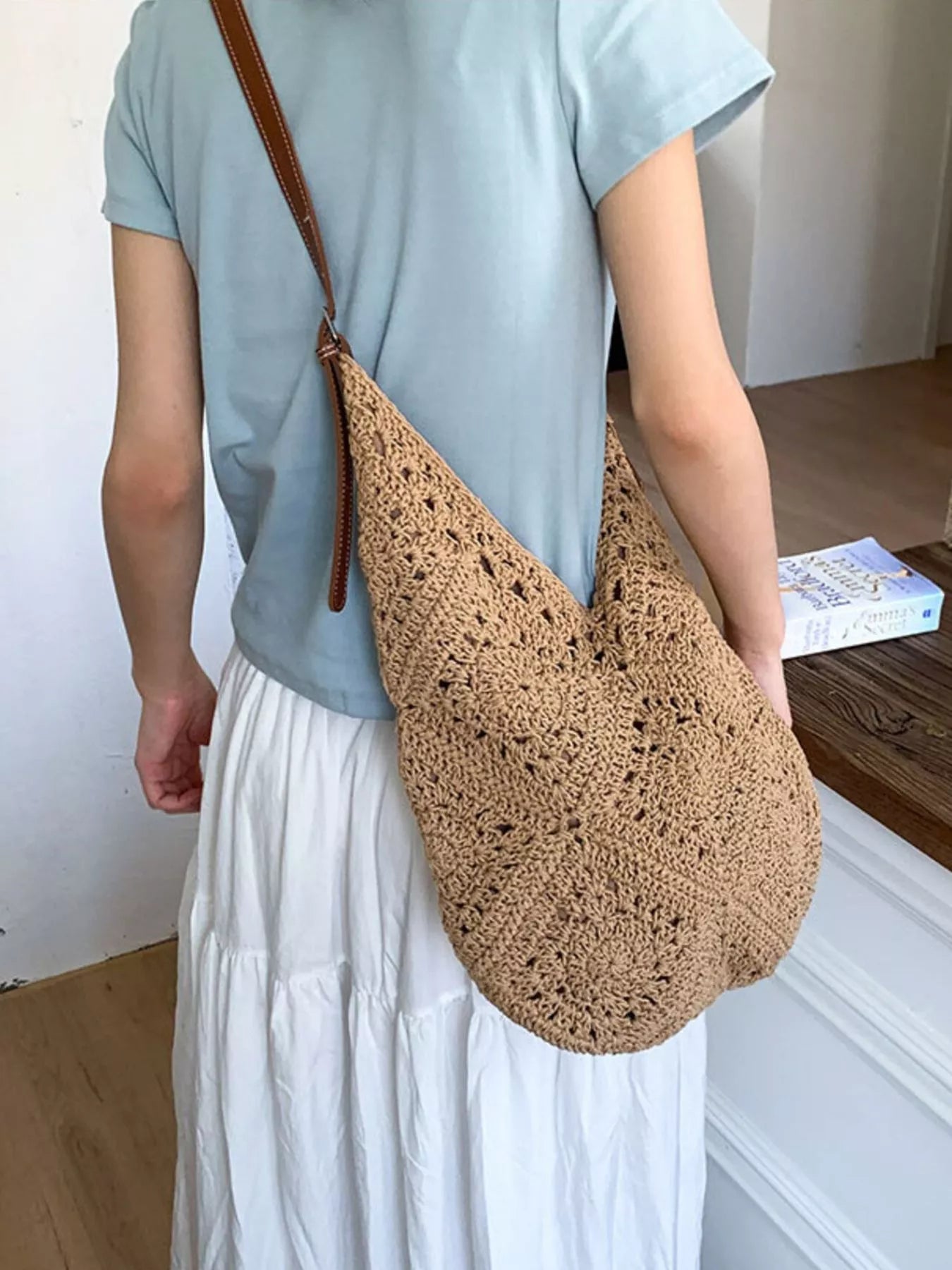 Camel crochet shoulder bag with brown leather strap, textured stitch pattern, slouchy fit