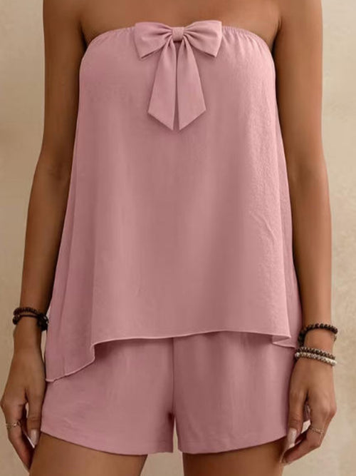 Pink bowknot tube top and shorts set, loose fit with bow-front neckline